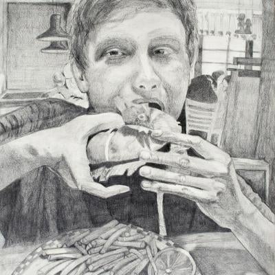 Drawing of a man eating a burger