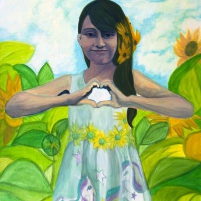 Painting of a girl in a sunflower field