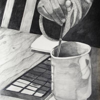 drawing of a person washing their brush in a cup