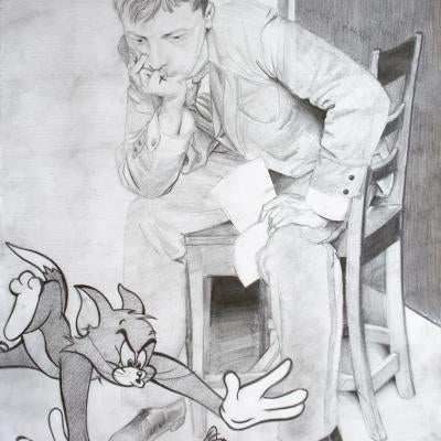 Drawing of a man looking at tom and jerry
