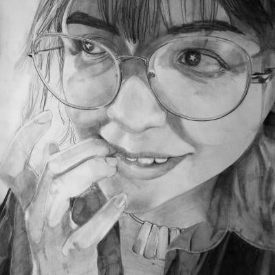 Drawing of a girl wearing large glasses