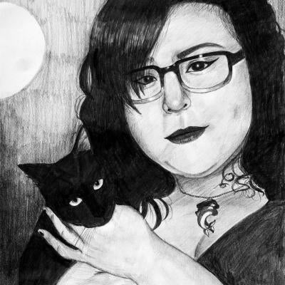 drawing of a woman and her cat