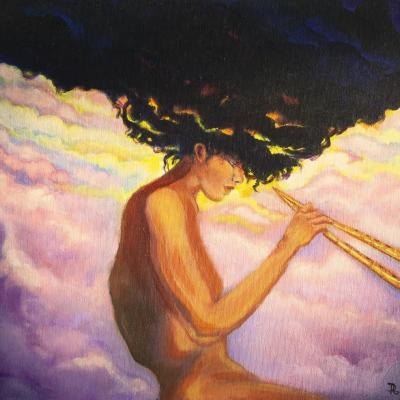 painting of a woman in the sky