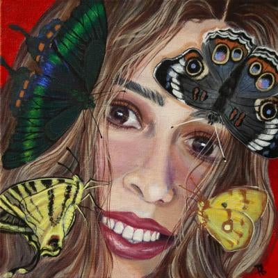 painting of a woman and butterflies