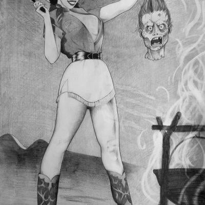 drawing of a cowgirl holding a zombie head