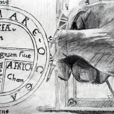 Drawing of scribe's hand with quill and medieval map