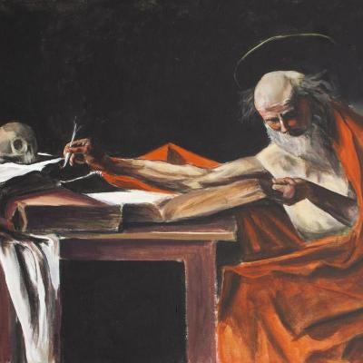 painting of a man studying text