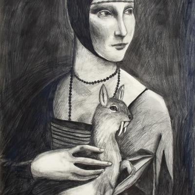 drawing of a woman and a doe