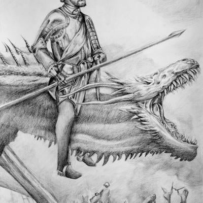 drawing of a spanish soldier on a dragon