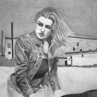 Drawing of a woman in the desert
