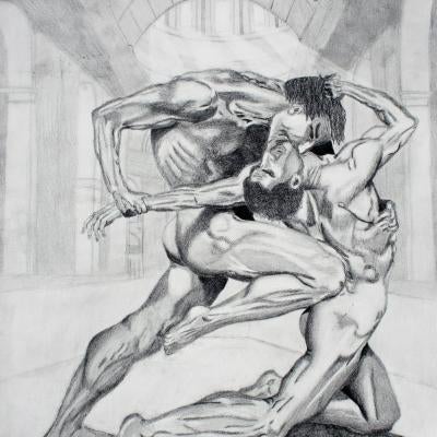 Drawing of men fighting