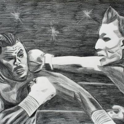 A black and white drawing of boxers boxing