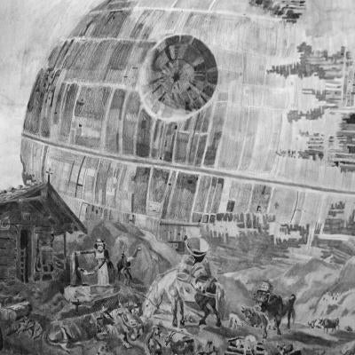 Drawing of the death star in the background