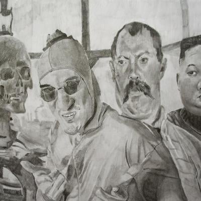 Drawing of pink guy and friends