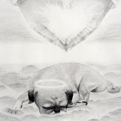 drawing of a dog with a halo