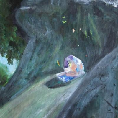 Painting of a person going down a waterfall