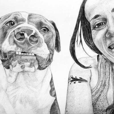 drawing of a woman and a dog