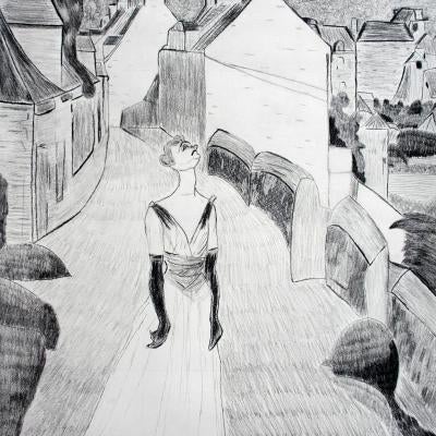 drawing of a woman in streets