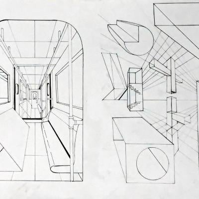 Drawing of shapes and a subway car