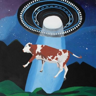 Painting of a cow getting abducted by a ufo