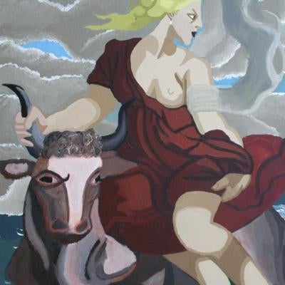 Painting of a blonde woman and a bull