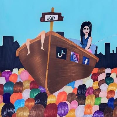 Drawing of a woman in a boat