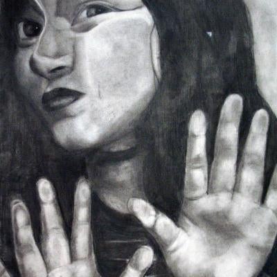 drawing of a woman pushed up against glass