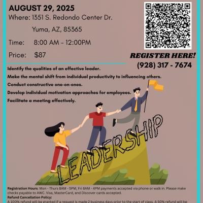 Join us for our Adapting your Leadership workshop. This course is on August 29 from 8am-12pm. The price is $87. Scan the QR code to register and pay.