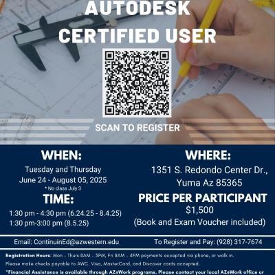 The AutoDesk Certified User course is $1,500. It will take place Tueday and Thursday from June 24 to August 5. There is a QR Code you may scan to register.