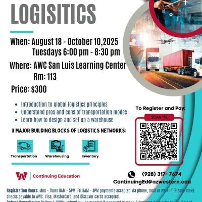 Please join us for our Basic Logistics course on August 18 from 6pm-8:30pm. This class is $300.