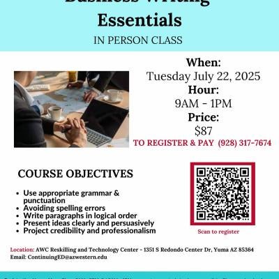 Join us for our Business Writing Essentials course on July 22 for $87. Register using the QR Code.