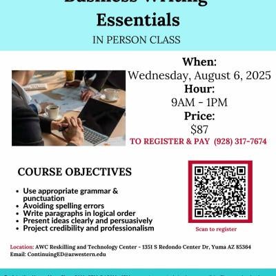 Join us for our Business Writing Essentials course on August 6 for $87. Register using the QR Code.
