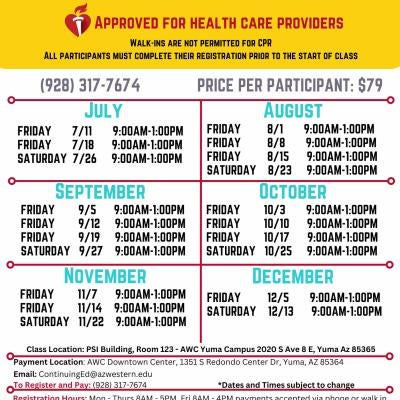 Please join us for our in-person CPR trainings. We offer them July-December. In order to register and pay, please call 928-317-7674.