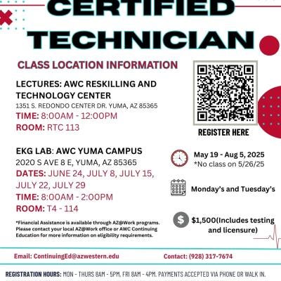 Please join us for our Electrocardiogram Certified Technician on May 19 at 8:00am. The cost is $1,500 which includes testing and licensure. If you have any questions, please contact us at (928) 317-7674.
