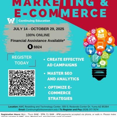 The Google Digital Marketing and E-commerce Certification course flyer highlights key skills for online marketing and e-commerce, including SEO, social media strategies, and online sales techniques. Ideal for anyone looking to enhance their digital marketing expertise and boost their career in e-commerce.