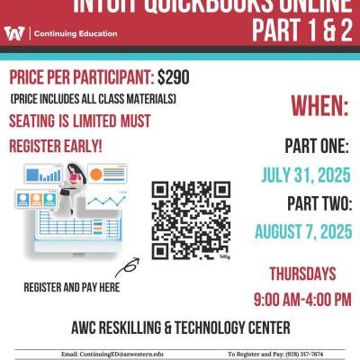 The QuickBooks Online Part 1 & 2 is $290. Part one is on July 31 from 9 am-4pm. Part two is on August 7 from 9am-4pm.