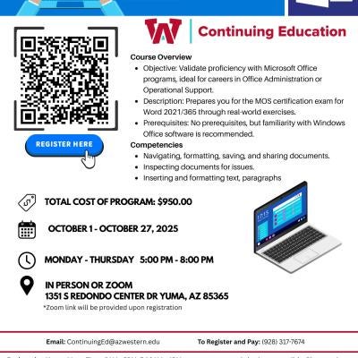 Join us for Microsoft Word from October 1 to October 27, 2025. It will take place Mon-Thurs, 5pm - 8pm. The cost is $950.