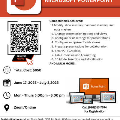 The MOS PowerPoint Certification course flyer highlights key skills for creating and delivering professional presentations, including slide design, animations, and multimedia integration. Ideal for anyone looking to enhance their proficiency in Microsoft PowerPoint.
