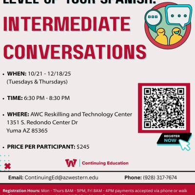 Please join us for our Intermediate Spanish class for $245. Scan the QR code to register now.