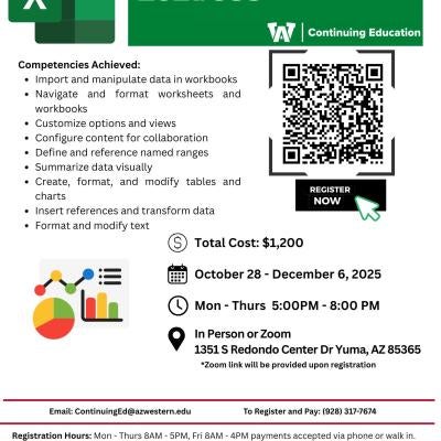Join us for MOS Excel. Oct 28 - Dec 6, 2025 from 5pm to 8pm for $1,200. This class takes place at the AWC Reskilling & Technology Center