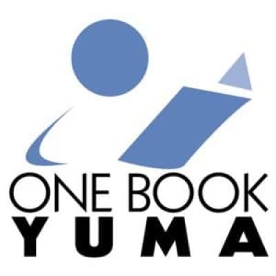 Logo for One Book Yuma. It features a blue stick figure reading a blue book.