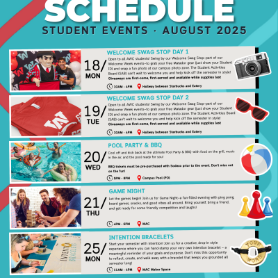A turquoise and red poster featuring the full Welcome Week Events Schedule