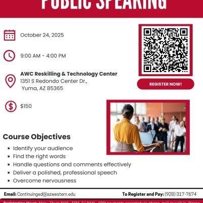 Please join our Public Speaking workshop on Oct 24 from 9am-1pm. Scan the QR code to register
