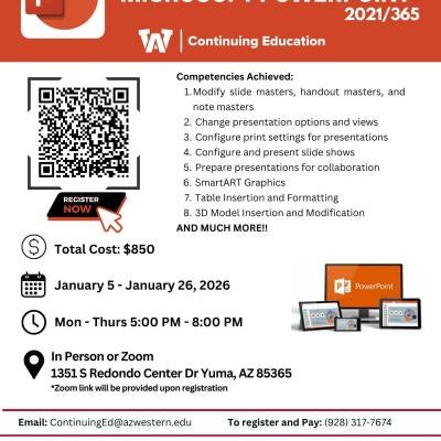Join us for PowerPoint from January 5 to January 26. Class takes place 5pm - 8pm. The cost is $850.
