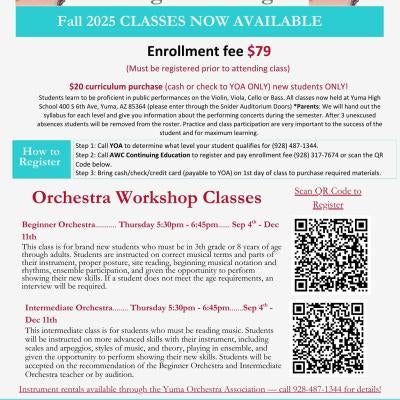 Join our Beginner & Intermediate Orchestra on Sept 4 from 5:30pm-6:45pm. Enrollment fee is $79.