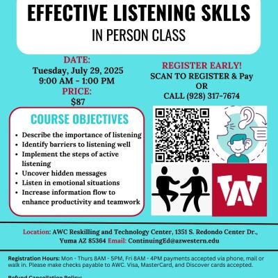 Join us for our Effective Listening Skills workshop on July 29 from 9am-1pm. The cost is $87.