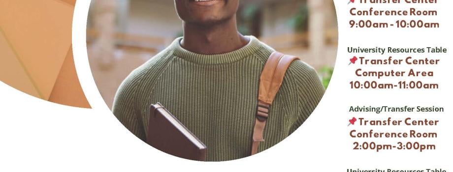University Advising/Transfer Session, October 15 2025, located at the Transfer Center (3C Building next to Starbucks) 9 AM to 11 AM, 2 PM to 4 PM