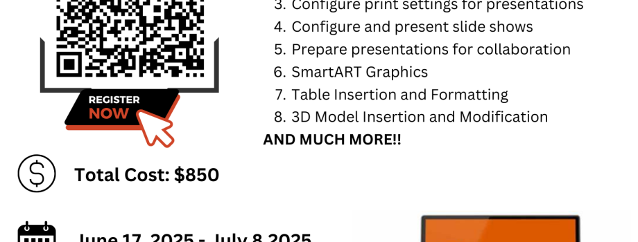 The MOS PowerPoint Certification course flyer highlights key skills for creating and delivering professional presentations, including slide design, animations, and multimedia integration. Ideal for anyone looking to enhance their proficiency in Microsoft PowerPoint.