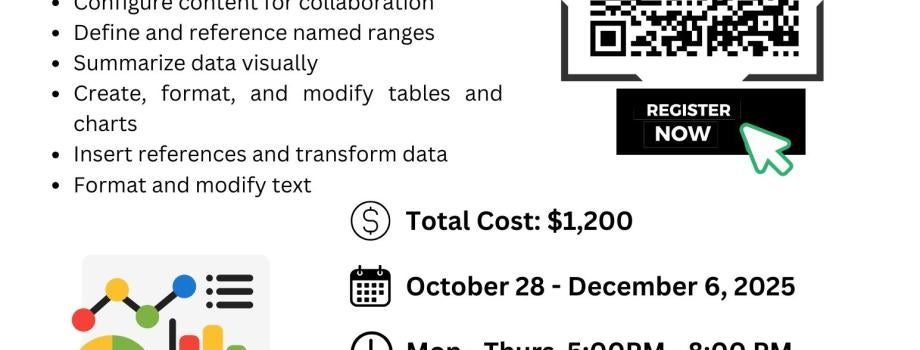 Join us for MOS Excel. Oct 28 - Dec 6, 2025 from 5pm to 8pm for $1,200. This class takes place at the AWC Reskilling & Technology Center