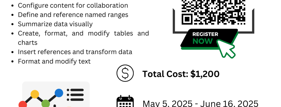 The MOS Excel Certification course flyer highlights key skills for mastering Excel, including data analysis, formula creation, and charting. Perfect for anyone looking to enhance their proficiency in Microsoft Excel and boost their career prospects.